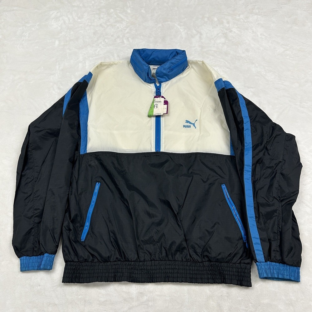 Puma Windbreaker Jacket Mens L Black White Blue Vintage Half Zip Pullover
